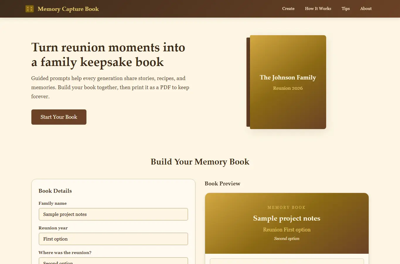 Screenshot of Family Reunion Memory Capture Book interface showing the project page in use